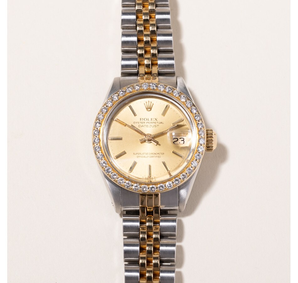 Image 745232_ALTMORE6.jpg, Product 745-232 / Price $7,495.00, Estate Originals Ladies' Stainless Steel and 18K Yellow Gold Rolex Oyster Perpetual Datejust Swiss-Made Watch with Diamond Bezel from Estate Originals on TSC.ca's Jewellery department
