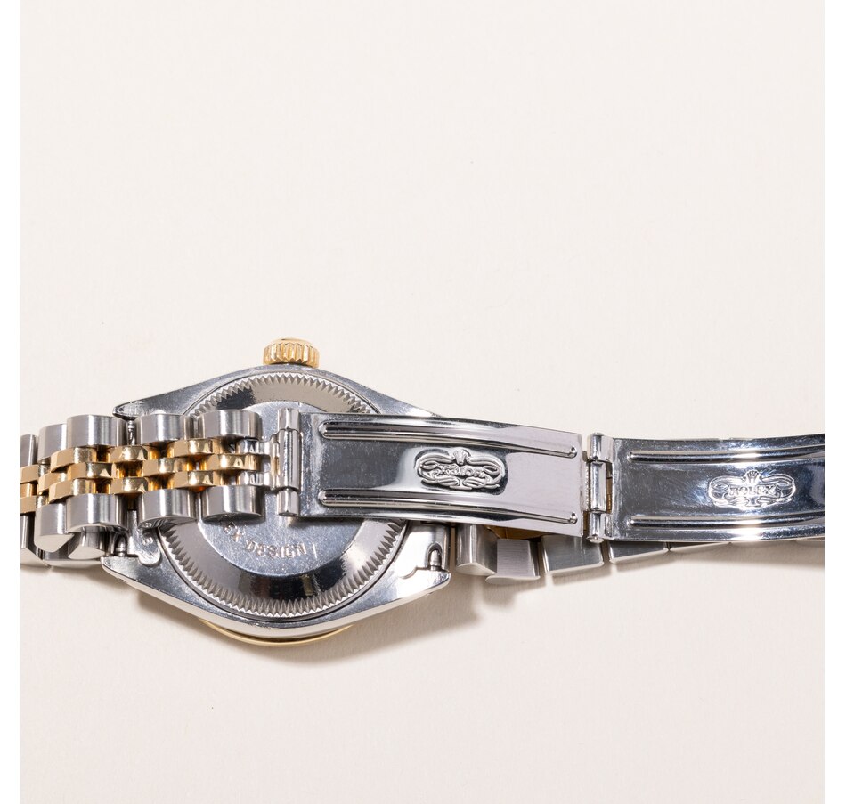 Image 745232_ALTMORE7.jpg, Product 745-232 / Price $7,495.00, Estate Originals Ladies' Stainless Steel and 18K Yellow Gold Rolex Oyster Perpetual Datejust Swiss-Made Watch with Diamond Bezel from Estate Originals on TSC.ca's Jewellery department