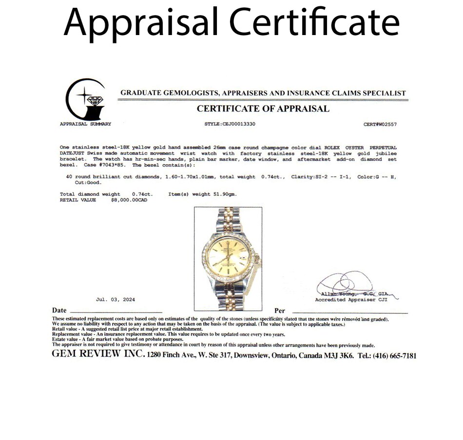 Image 745232_ALTMORE8.jpg, Product 745-232 / Price $7,495.00, Estate Originals Ladies' Stainless Steel and 18K Yellow Gold Rolex Oyster Perpetual Datejust Swiss-Made Watch with Diamond Bezel from Estate Originals on TSC.ca's Jewellery department