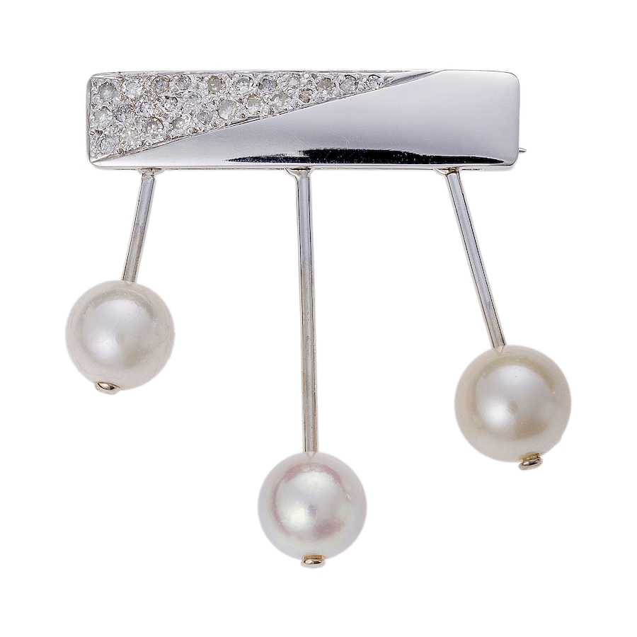 Image 745235.jpg, Product 745-235 / Price $1,488.00, Estate Originals Custom-Made 14K White Gold Diamond and Cultured Pearl Drop Bar Brooch from Estate Originals on TSC.ca's Jewellery department
