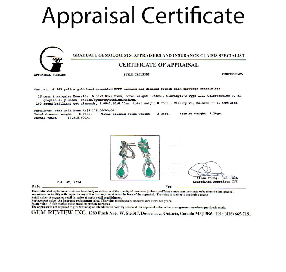 Image 745729_ALTMORE3.jpg, Product 745-729 / Price $3,895.00, Estate Originals 14K Yellow Gold Brasilica Emerald and Diamond Drop Style Earrings, Signed, "EFFY" from Estate Originals on TSC.ca's Jewellery department