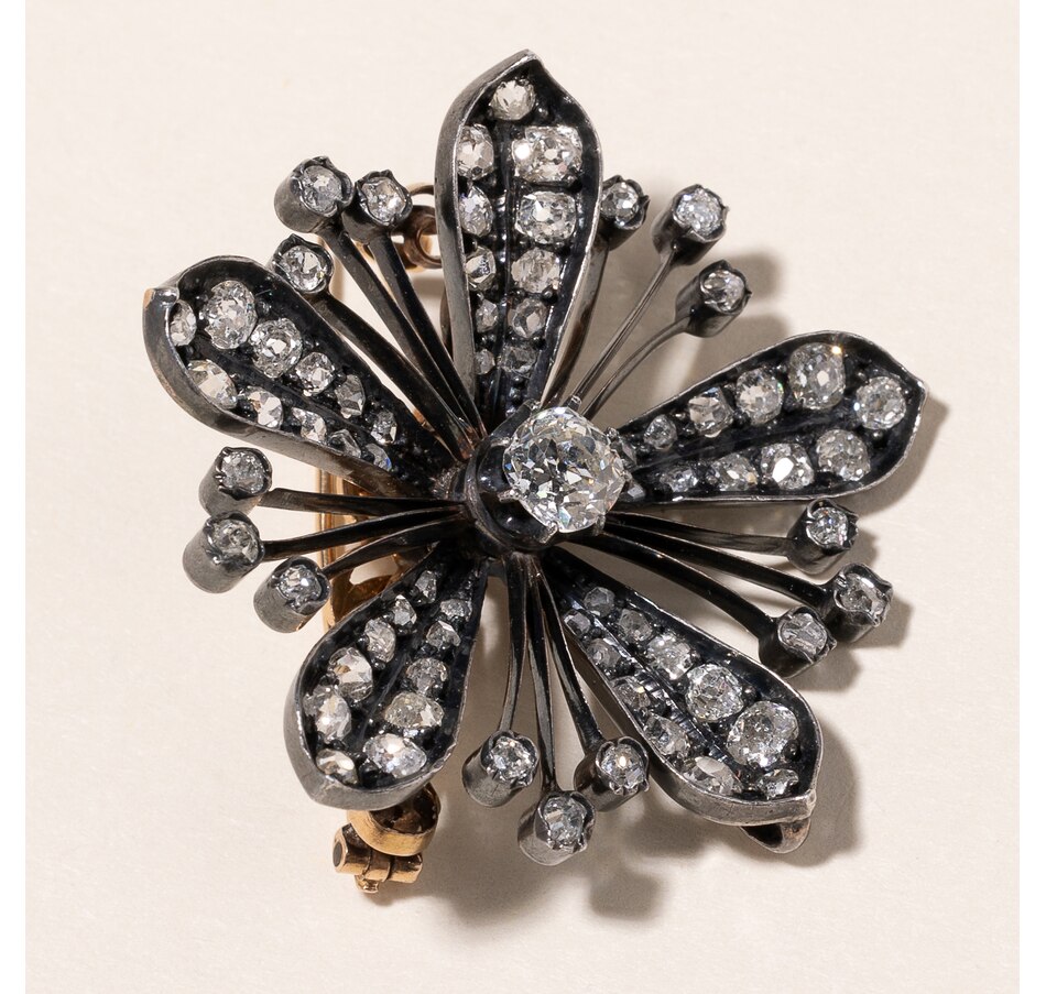 Image 745778_ALTMORE2.jpg, Product 745-778 / Price $3,695.00, Estate Originals Silver and 18K Yellow Gold Victorian Flower Brooch/Pendant with Old Mine Cut Diamonds from Estate Originals on TSC.ca's Jewellery department