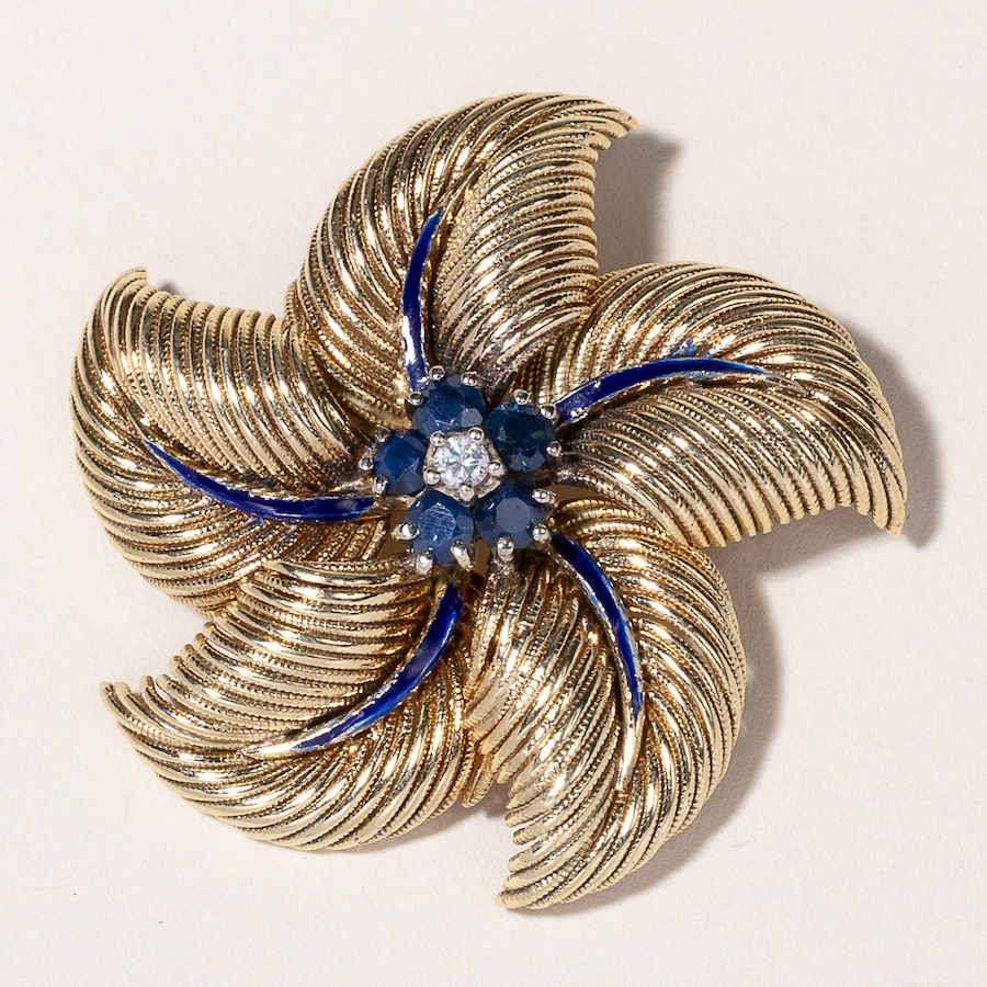Image 745973.jpg, Product 745-973 / Price $5,895.00, Estate Originals 18K Yellow Gold Sapphire and Diamond Leaf Design Brooch with Blue Enamel from Estate Originals on TSC.ca's Jewellery department
