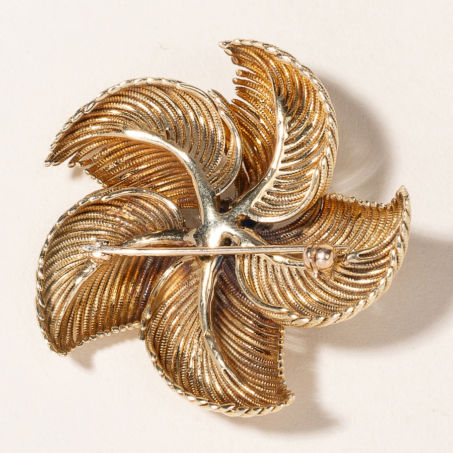 Image 745973_ALTMORE1.jpg, Product 745-973 / Price $5,895.00, Estate Originals 18K Yellow Gold Sapphire and Diamond Leaf Design Brooch with Blue Enamel from Estate Originals on TSC.ca's Jewellery department