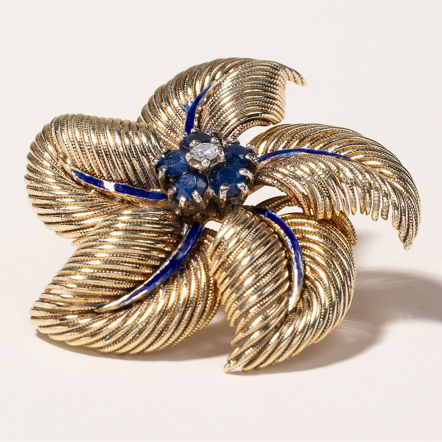 Image 745973_ALTMORE2.jpg, Product 745-973 / Price $5,895.00, Estate Originals 18K Yellow Gold Sapphire and Diamond Leaf Design Brooch with Blue Enamel from Estate Originals on TSC.ca's Jewellery department