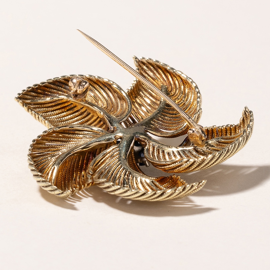 Image 745973_ALTMORE3.jpg, Product 745-973 / Price $5,895.00, Estate Originals 18K Yellow Gold Sapphire and Diamond Leaf Design Brooch with Blue Enamel from Estate Originals on TSC.ca's Jewellery department