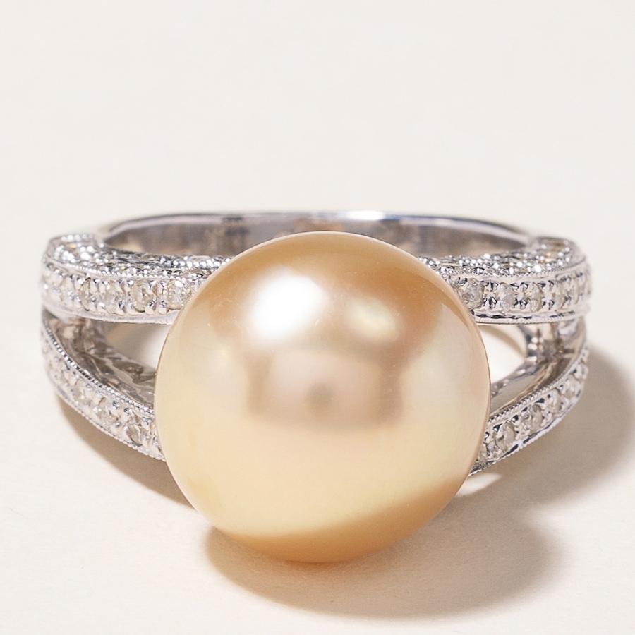 Image 745976.jpg, Product 745-976 / Price $3,588.00, Estate Originals 18K White Gold Golden South Sea Pearl and Diamond Ring from Estate Originals on TSC.ca's Jewellery department