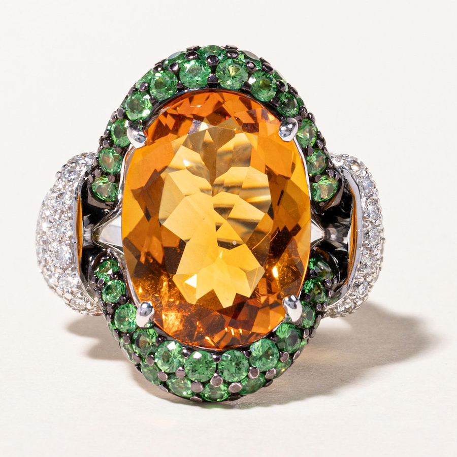 Image 746006.jpg, Product 746-006 / Price $5,695.00, Estate Originals Custom-Made 18K White Gold Citrine Ring with Tsavorite Garnets and Diamonds from Estate Originals on TSC.ca's Jewellery department