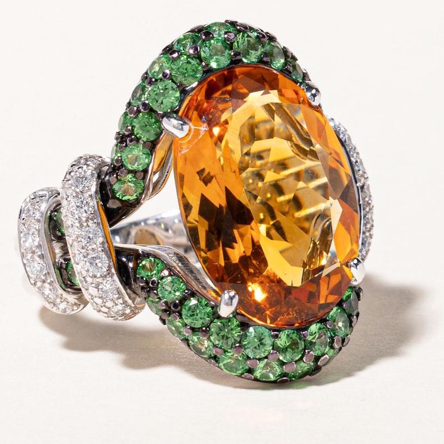 Image 746006_ALTMORE1.jpg, Product 746-006 / Price $5,695.00, Estate Originals Custom-Made 18K White Gold Citrine Ring with Tsavorite Garnets and Diamonds from Estate Originals on TSC.ca's Jewellery department