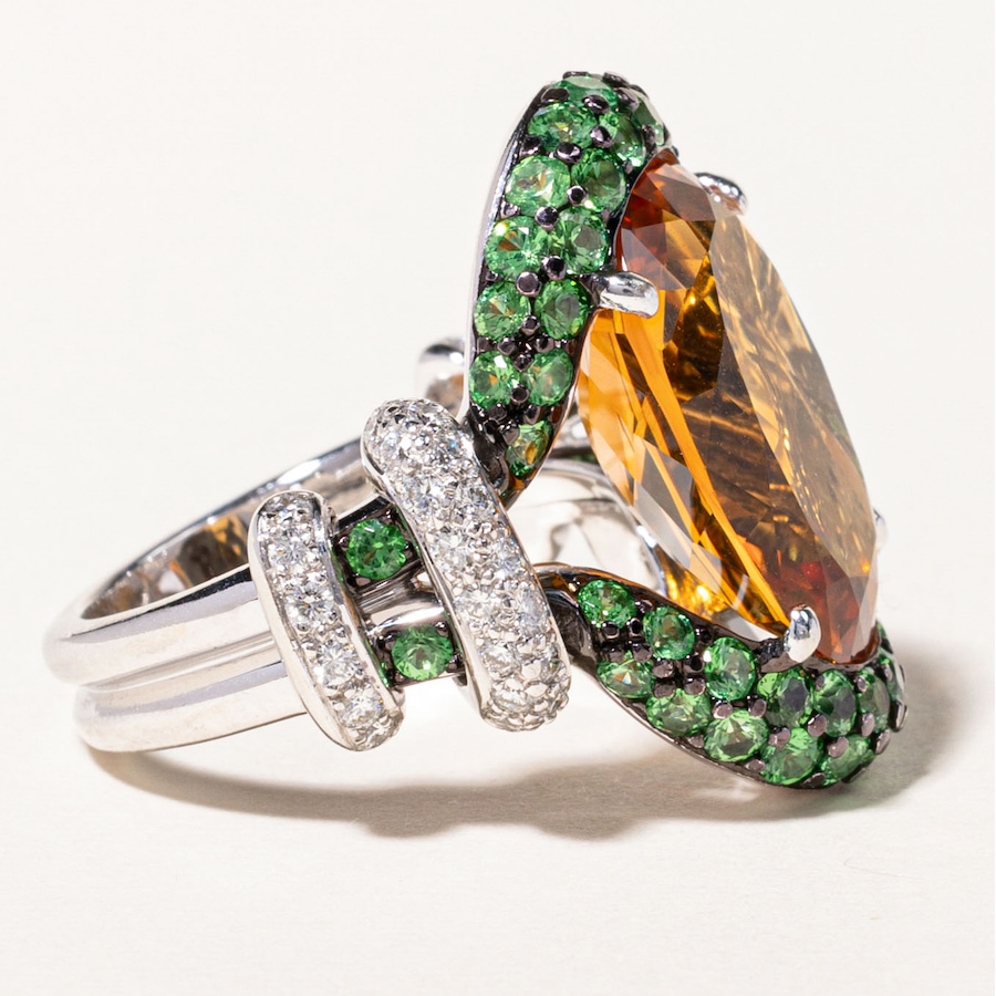 Image 746006_ALTMORE2.jpg, Product 746-006 / Price $5,695.00, Estate Originals Custom-Made 18K White Gold Citrine Ring with Tsavorite Garnets and Diamonds from Estate Originals on TSC.ca's Jewellery department