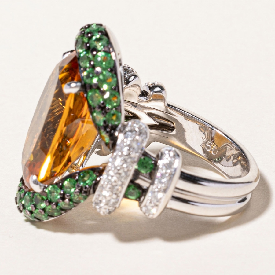 Image 746006_ALTMORE4.jpg, Product 746-006 / Price $5,695.00, Estate Originals Custom-Made 18K White Gold Citrine Ring with Tsavorite Garnets and Diamonds from Estate Originals on TSC.ca's Jewellery department