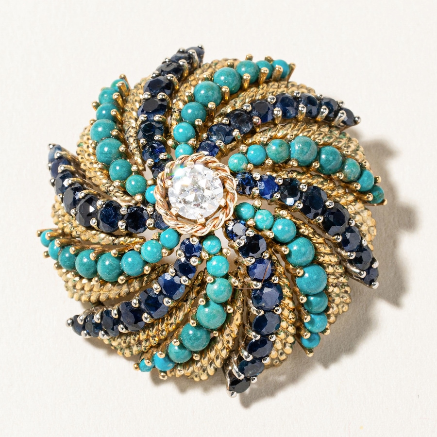 Image 746027.jpg, Product 746-027 / Price $6,495.00, Estate Originals 14K Yellow Gold 0.60-Carat Old European-Cut Diamond Brooch with Sapphires and Turquoise from Estate Originals on TSC.ca's Jewellery department