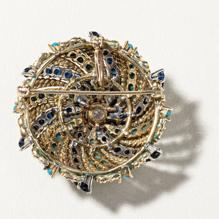 Image 746027_ALTMORE1.jpg, Product 746-027 / Price $6,495.00, Estate Originals 14K Yellow Gold 0.60-Carat Old European-Cut Diamond Brooch with Sapphires and Turquoise from Estate Originals on TSC.ca's Jewellery department