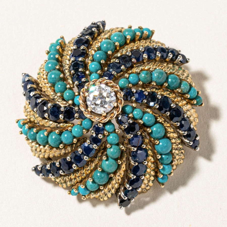 Image 746027_ALTMORE2.jpg, Product 746-027 / Price $6,495.00, Estate Originals 14K Yellow Gold 0.60-Carat Old European-Cut Diamond Brooch with Sapphires and Turquoise from Estate Originals on TSC.ca's Jewellery department