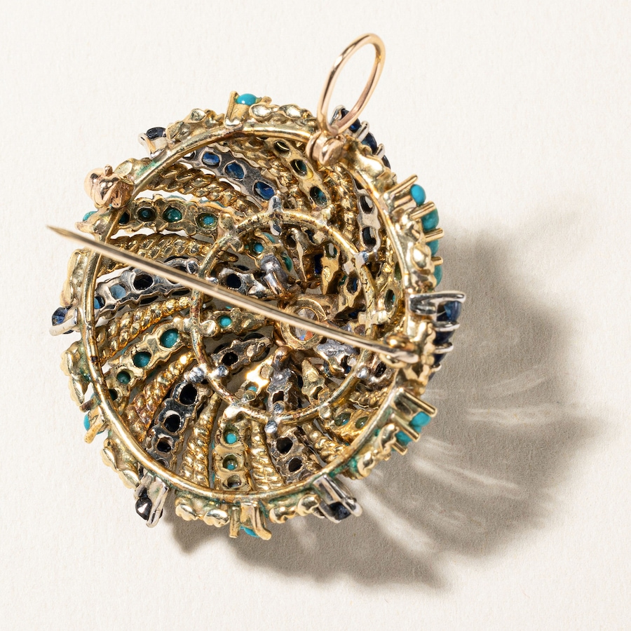 Image 746027_ALTMORE3.jpg, Product 746-027 / Price $6,495.00, Estate Originals 14K Yellow Gold 0.60-Carat Old European-Cut Diamond Brooch with Sapphires and Turquoise from Estate Originals on TSC.ca's Jewellery department