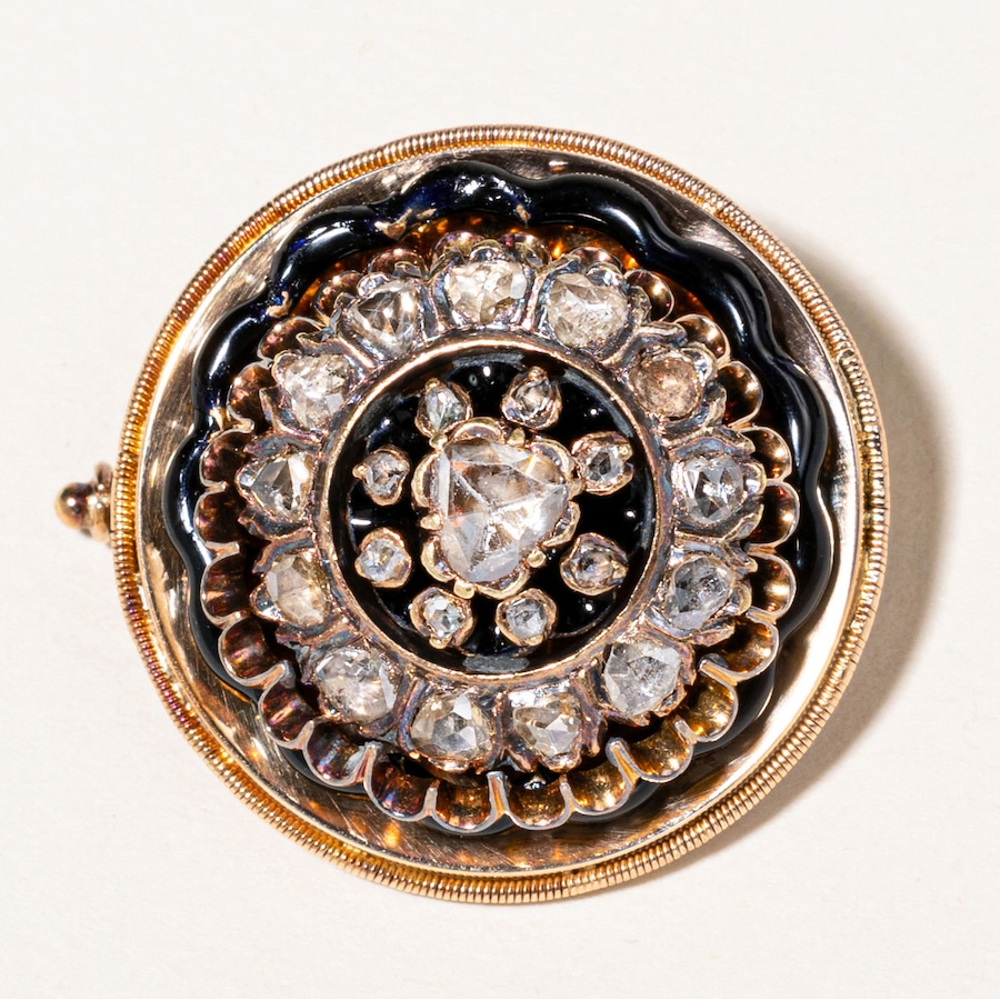 Image 746029.jpg, Product 746-029 / Price $4,295.00, Estate Originals 18K Yellow Gold Antique Rose Cut Diamond Disc Brooch with Black Enamel from Estate Originals on TSC.ca's Jewellery department