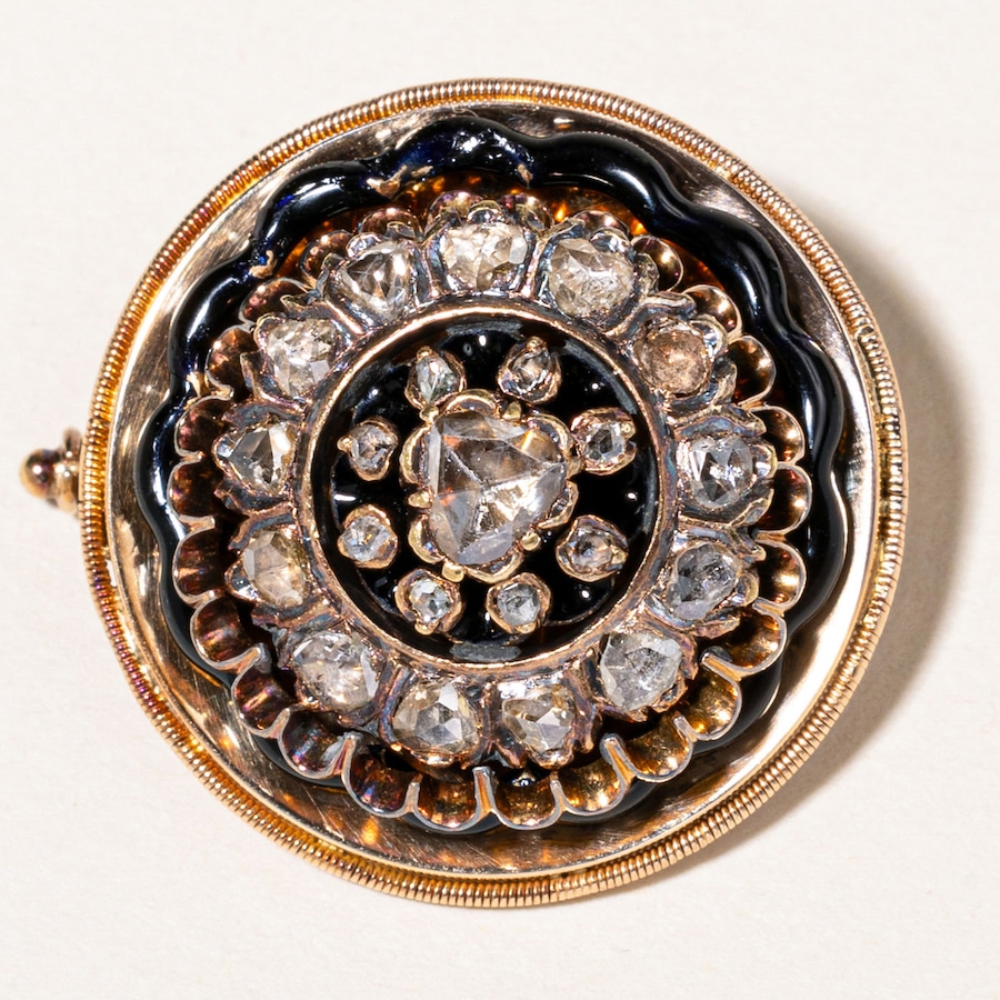 Image 746029_ALTMORE2.jpg, Product 746-029 / Price $4,295.00, Estate Originals 18K Yellow Gold Antique Rose Cut Diamond Disc Brooch with Black Enamel from Estate Originals on TSC.ca's Jewellery department