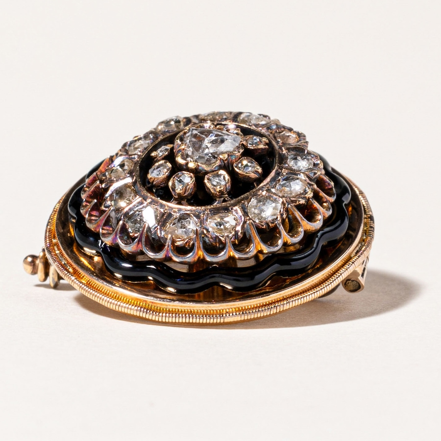 Image 746029_ALTMORE3.jpg, Product 746-029 / Price $4,295.00, Estate Originals 18K Yellow Gold Antique Rose Cut Diamond Disc Brooch with Black Enamel from Estate Originals on TSC.ca's Jewellery department