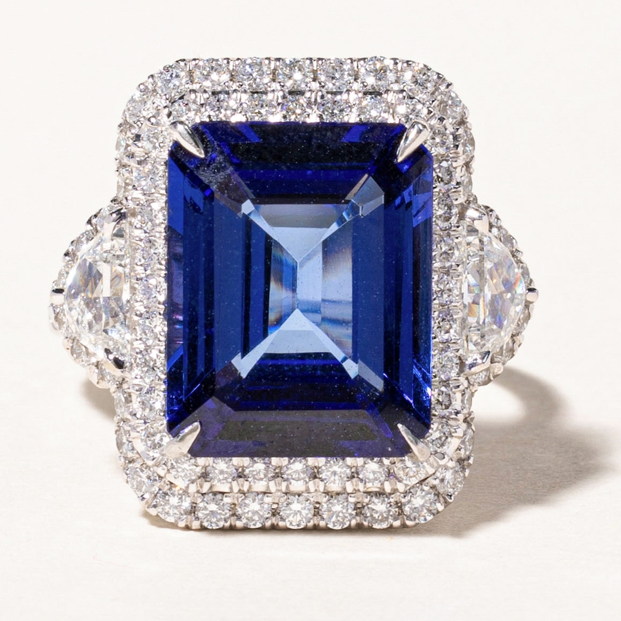 Image 746032.jpg, Product 746-032 / Price $29,995.00, Estate Originals Custom-Made 11.04-Carat Emerald Cut Tanzanite and Diamond Halo Ring with Half-Moon-Cut Diamond Shoulders from Estate Originals on TSC.ca's Jewellery department