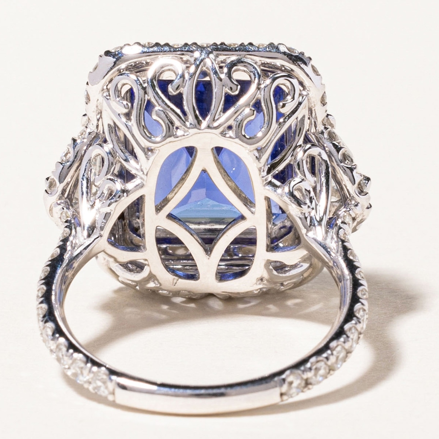 Image 746032_ALTMORE3.jpg, Product 746-032 / Price $29,995.00, Estate Originals Custom-Made 11.04-Carat Emerald Cut Tanzanite and Diamond Halo Ring with Half-Moon-Cut Diamond Shoulders from Estate Originals on TSC.ca's Jewellery department
