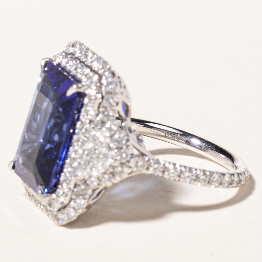 Image 746032_ALTMORE4.jpg, Product 746-032 / Price $29,995.00, Estate Originals Custom-Made 11.04-Carat Emerald Cut Tanzanite and Diamond Halo Ring with Half-Moon-Cut Diamond Shoulders from Estate Originals on TSC.ca's Jewellery department