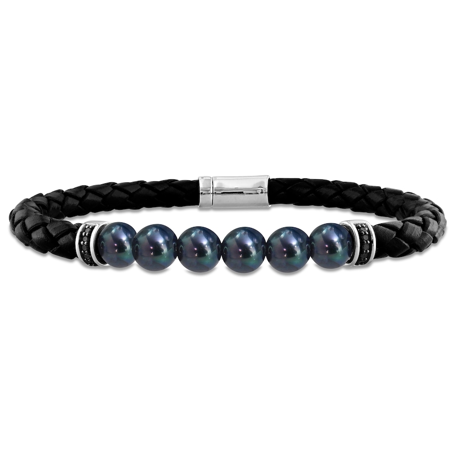 Image 746250.jpg, Product 746-250 / Price $219.99, Amour Pearls Gents Black Cultured Freshwater Braid Black Leather Bracelet with Black Diamonds in Silver Black Rhodium from Amour Pearls on TSC.ca's Jewellery department