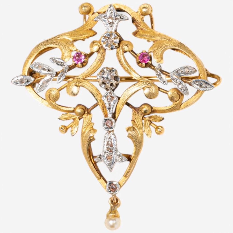 Image 746295.jpg, Product 746-295 / Price $2,495.00, Estate Originals 18K Yellow and White Gold Ruby, Pearl and Old Cut Diamond Brooch/Pendant from Estate Originals on TSC.ca's Jewellery department