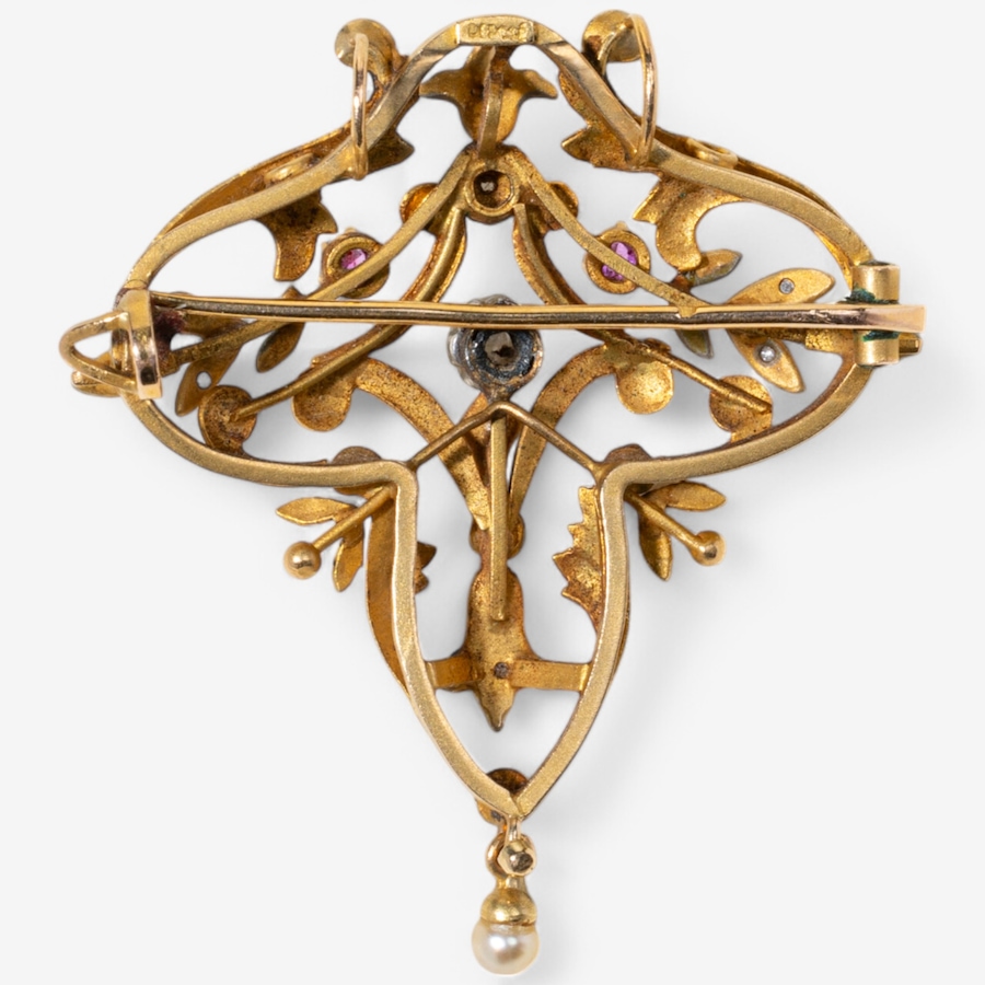 Image 746295_ALTMORE1.jpg, Product 746-295 / Price $2,495.00, Estate Originals 18K Yellow and White Gold Ruby, Pearl and Old Cut Diamond Brooch/Pendant from Estate Originals on TSC.ca's Jewellery department