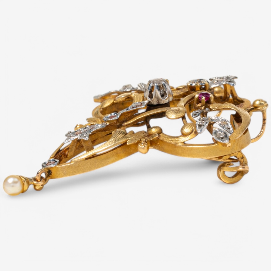 Image 746295_ALTMORE2.jpg, Product 746-295 / Price $2,495.00, Estate Originals 18K Yellow and White Gold Ruby, Pearl and Old Cut Diamond Brooch/Pendant from Estate Originals on TSC.ca's Jewellery department