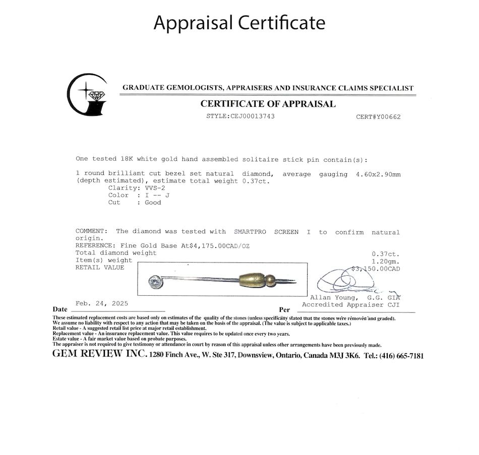 Image 746579_ALTMORE5.jpg, Product 746-579 / Price $1,595.00, Estate Originals 18K White Gold 0.37-Carat Diamond Solitaire Stick Pin from Estate Originals on TSC.ca's Jewellery department