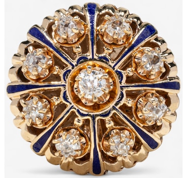 Estate Originals 14K Yellow Gold Old Mine Cut Diamond Cluster Ring with Blue Enamel