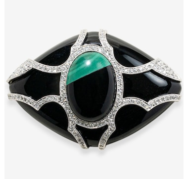 Estate Originals 18K White Gold Malachite and Onyx Art-Deco Brooch/Pendant