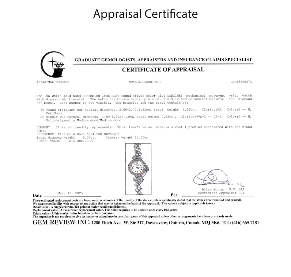 Image 746589_ALTMORE5.jpg, Product 746-589 / Price $13,995.00, Estate Originals 18K White Gold Longines Watch with 5.07 Carats of Diamonds from Estate Originals on TSC.ca's Jewellery department