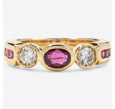 Estate Originals 18K Yellow Gold Bezel Set Ruby and Diamond Three-Across Ring with Shoulder Rubies