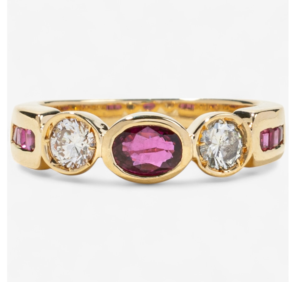 Image 746604.jpg, Product 746-604 / Price $2,295.00, Estate Originals 18K Yellow Gold Bezel Set Ruby and Diamond Three-Across Ring with Shoulder Rubies from Estate Originals on TSC.ca's Jewellery department