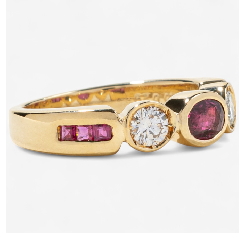 Image 746604_ALTMORE1.jpg, Product 746-604 / Price $2,295.00, Estate Originals 18K Yellow Gold Bezel Set Ruby and Diamond Three-Across Ring with Shoulder Rubies from Estate Originals on TSC.ca's Jewellery department