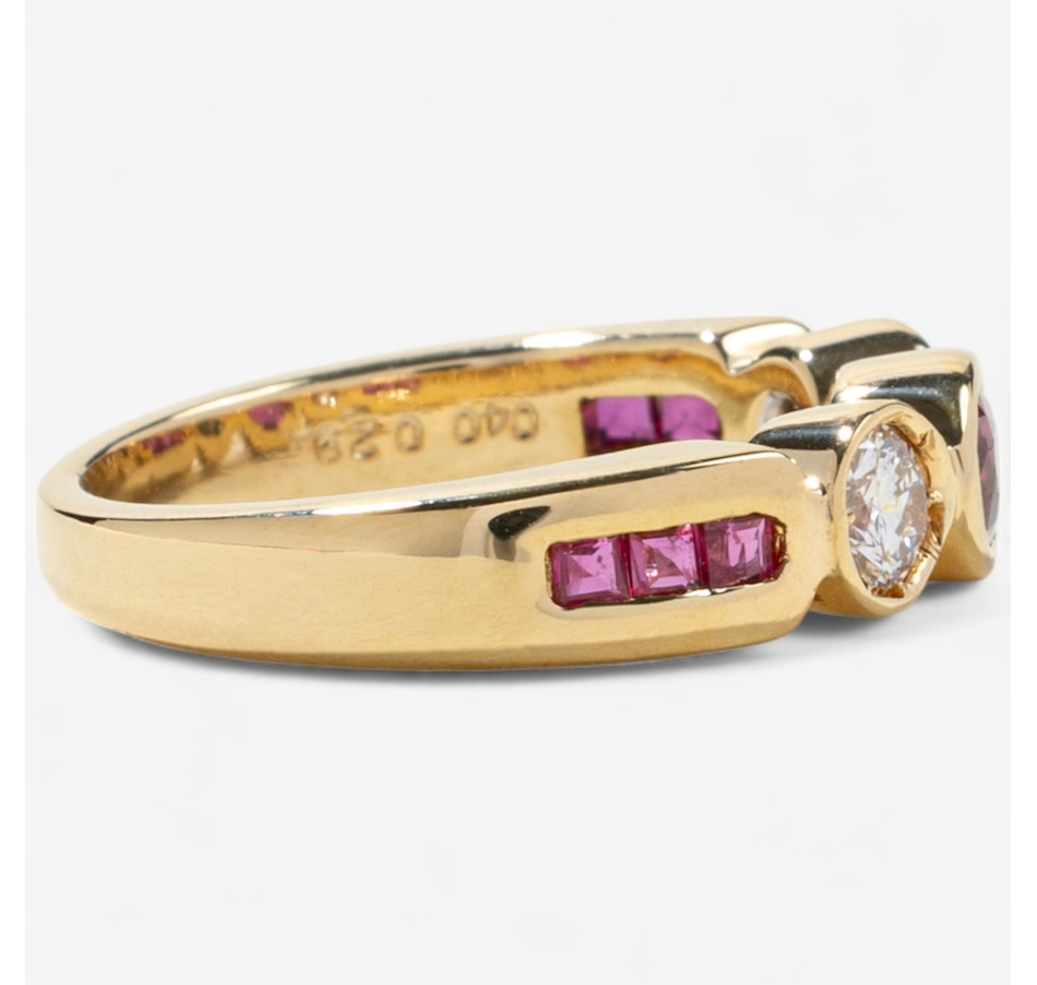 Image 746604_ALTMORE2.jpg, Product 746-604 / Price $2,295.00, Estate Originals 18K Yellow Gold Bezel Set Ruby and Diamond Three-Across Ring with Shoulder Rubies from Estate Originals on TSC.ca's Jewellery department