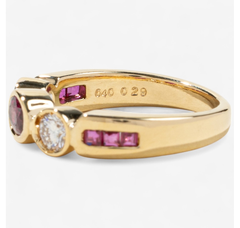 Image 746604_ALTMORE4.jpg, Product 746-604 / Price $2,295.00, Estate Originals 18K Yellow Gold Bezel Set Ruby and Diamond Three-Across Ring with Shoulder Rubies from Estate Originals on TSC.ca's Jewellery department