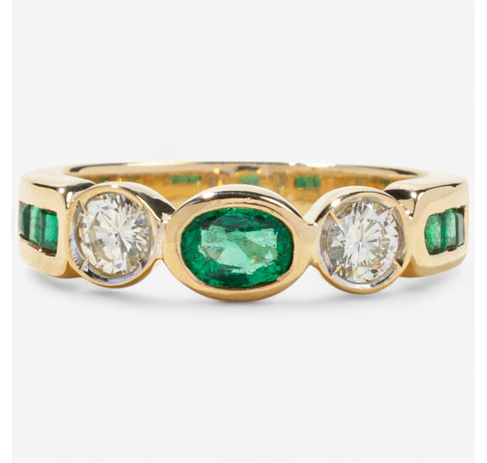 Image 746605.jpg, Product 746-605 / Price $2,295.00, Estate Originals 18K Yellow Gold Bezel Set Emerald and Diamond Three-Across Ring with Shoulder Emeralds from Estate Originals on TSC.ca's Jewellery department