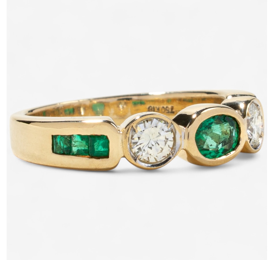 Image 746605_ALTMORE1.jpg, Product 746-605 / Price $2,295.00, Estate Originals 18K Yellow Gold Bezel Set Emerald and Diamond Three-Across Ring with Shoulder Emeralds from Estate Originals on TSC.ca's Jewellery department