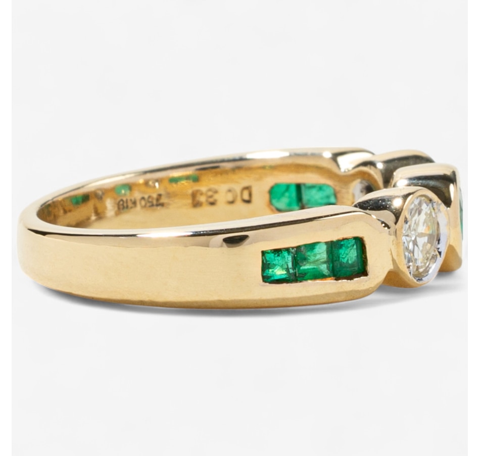 Image 746605_ALTMORE2.jpg, Product 746-605 / Price $2,295.00, Estate Originals 18K Yellow Gold Bezel Set Emerald and Diamond Three-Across Ring with Shoulder Emeralds from Estate Originals on TSC.ca's Jewellery department