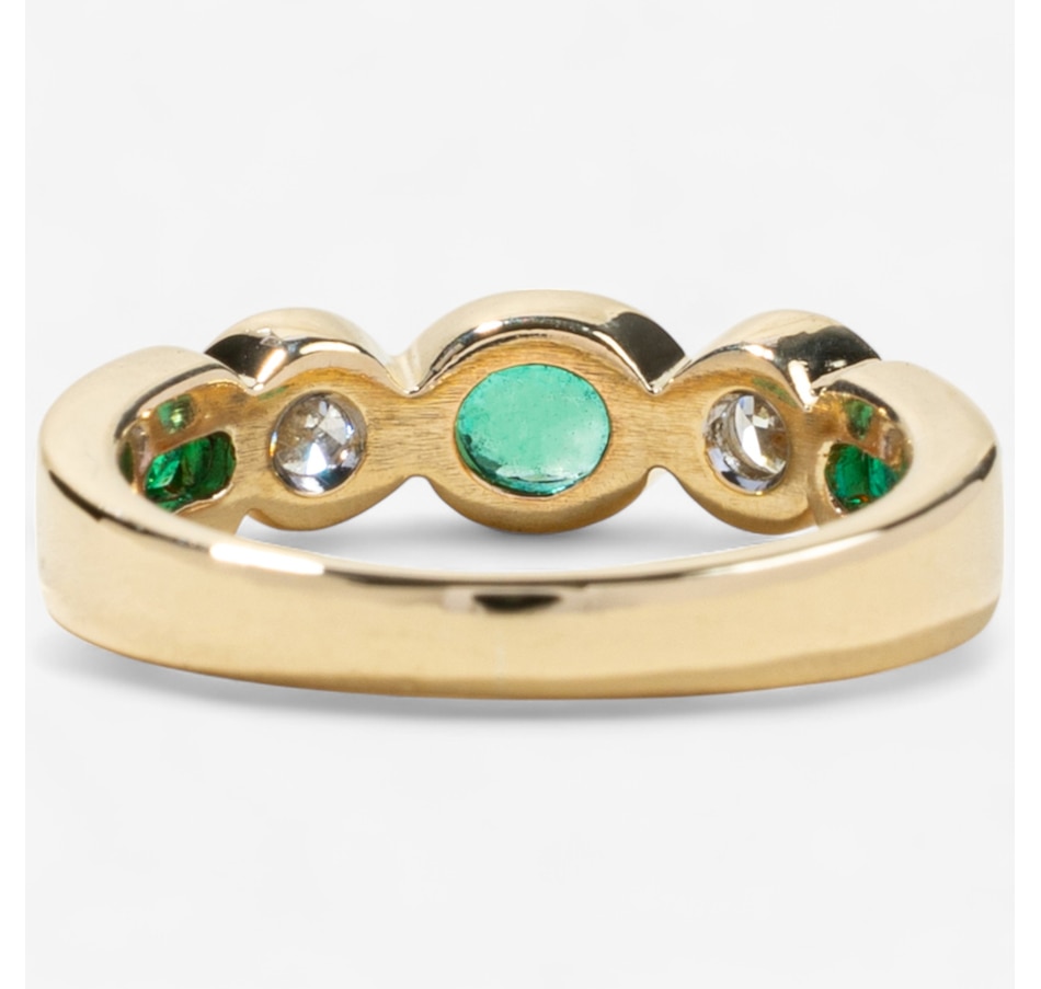 Image 746605_ALTMORE3.jpg, Product 746-605 / Price $2,295.00, Estate Originals 18K Yellow Gold Bezel Set Emerald and Diamond Three-Across Ring with Shoulder Emeralds from Estate Originals on TSC.ca's Jewellery department
