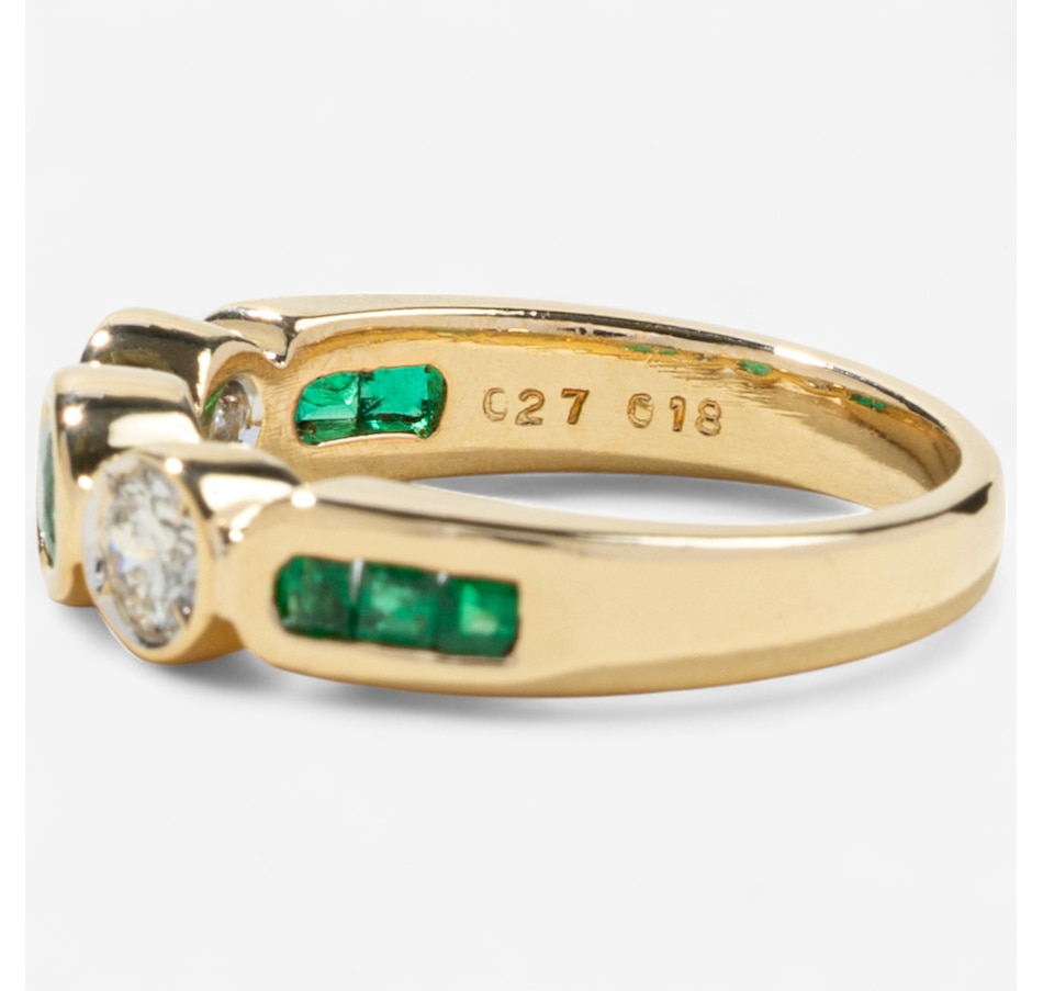 Image 746605_ALTMORE4.jpg, Product 746-605 / Price $2,295.00, Estate Originals 18K Yellow Gold Bezel Set Emerald and Diamond Three-Across Ring with Shoulder Emeralds from Estate Originals on TSC.ca's Jewellery department
