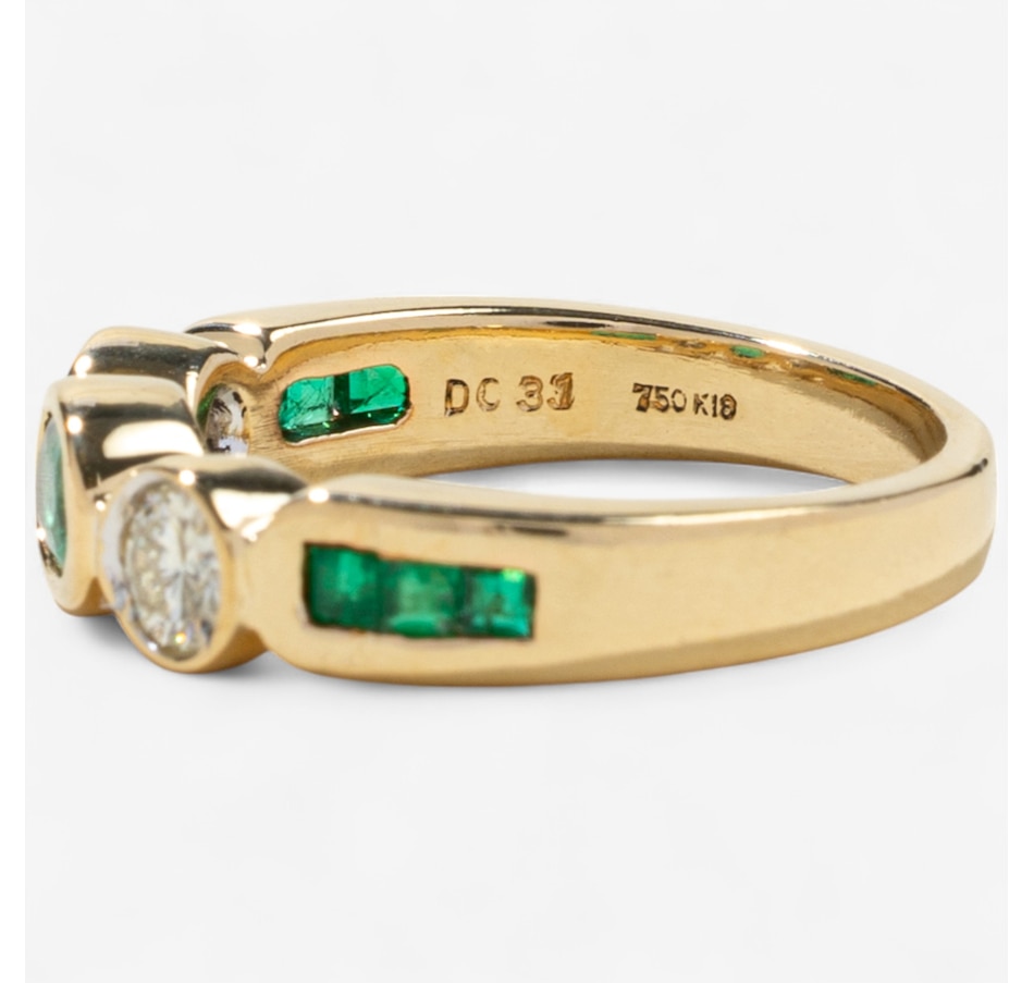 Image 746605_ALTMORE5.jpg, Product 746-605 / Price $2,295.00, Estate Originals 18K Yellow Gold Bezel Set Emerald and Diamond Three-Across Ring with Shoulder Emeralds from Estate Originals on TSC.ca's Jewellery department