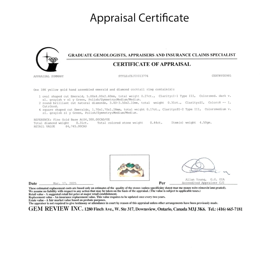 Image 746605_ALTMORE6.jpg, Product 746-605 / Price $2,295.00, Estate Originals 18K Yellow Gold Bezel Set Emerald and Diamond Three-Across Ring with Shoulder Emeralds from Estate Originals on TSC.ca's Jewellery department