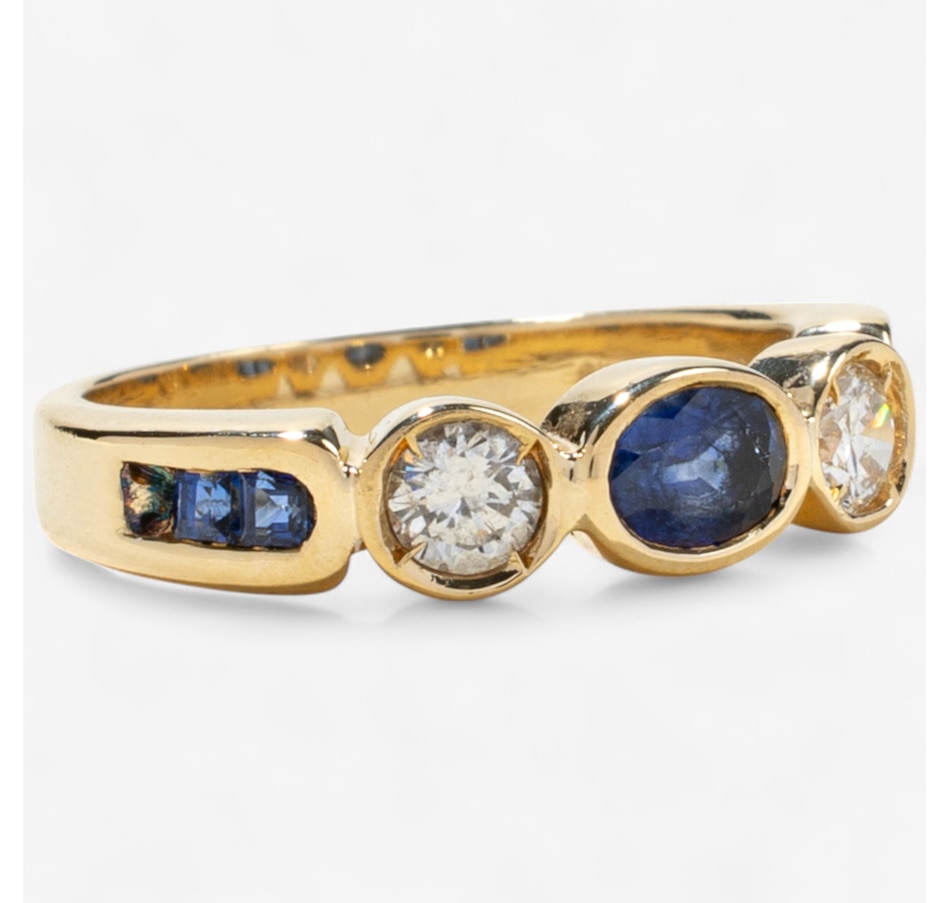 Image 746606_ALTMORE1.jpg, Product 746-606 / Price $2,295.00, Estate Originals 18K Yellow Gold Bezel Set Sapphire and Diamond Three-Across Ring with Shoulder Sapphires from Estate Originals on TSC.ca's Jewellery department