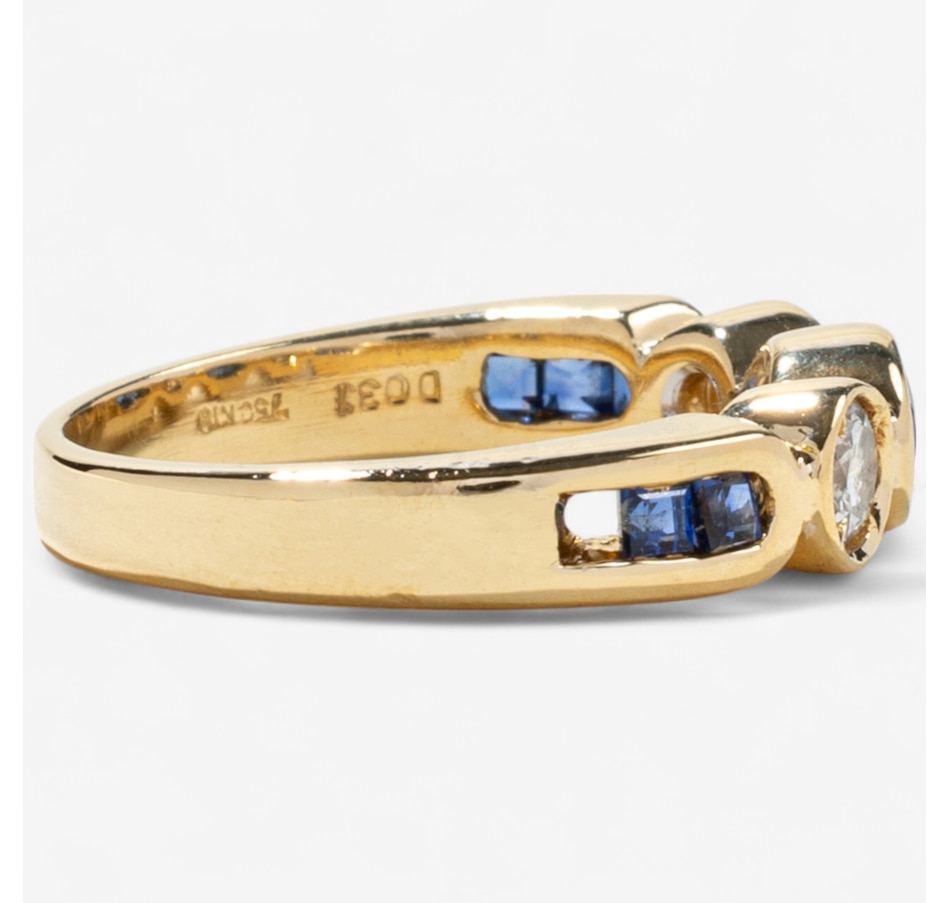 Image 746606_ALTMORE2.jpg, Product 746-606 / Price $2,295.00, Estate Originals 18K Yellow Gold Bezel Set Sapphire and Diamond Three-Across Ring with Shoulder Sapphires from Estate Originals on TSC.ca's Jewellery department