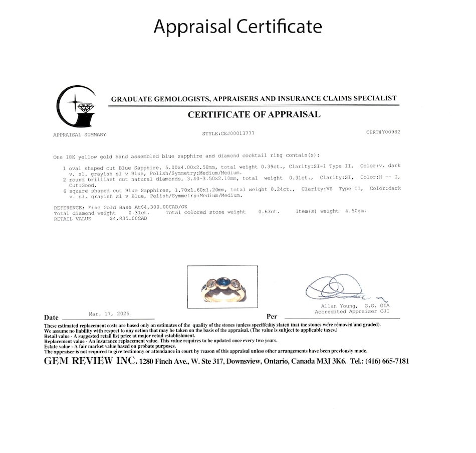 Image 746606_ALTMORE6.jpg, Product 746-606 / Price $2,295.00, Estate Originals 18K Yellow Gold Bezel Set Sapphire and Diamond Three-Across Ring with Shoulder Sapphires from Estate Originals on TSC.ca's Jewellery department