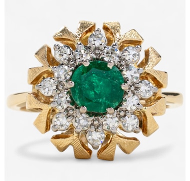 Estate Originals 18K Yellow and White Gold Birks Jabel Emerald and Diamond Cluster Ring