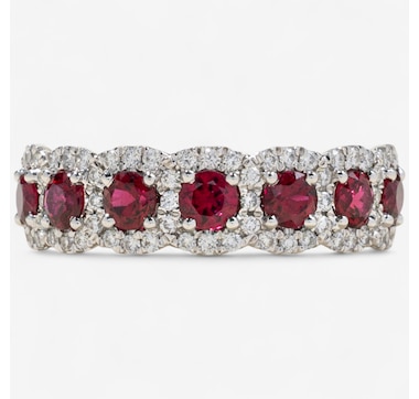 Estate Originals 14K White Gold Ruby and Diamond 7-Across Cluster Ring